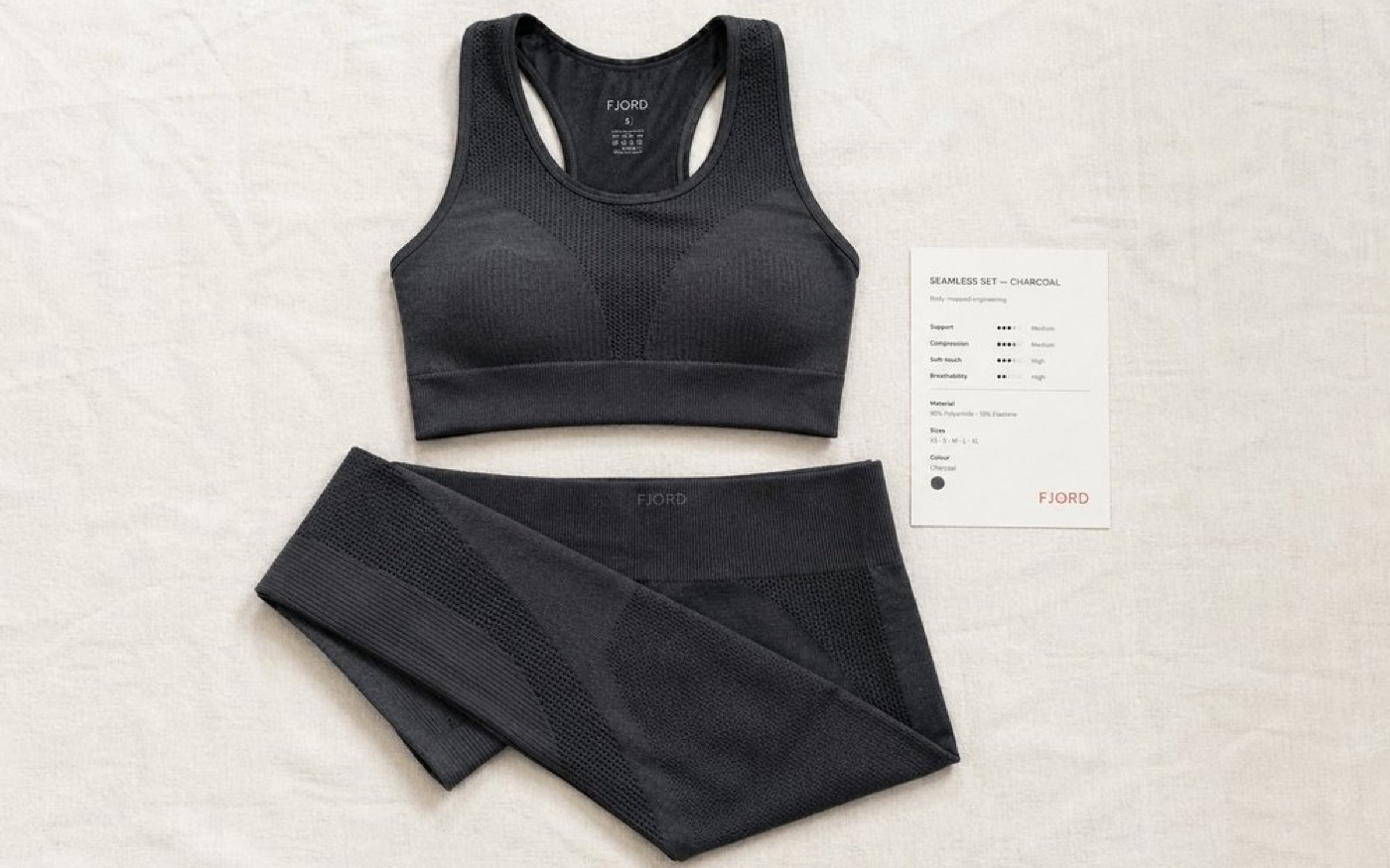 A client-branded seamless set with its spec card