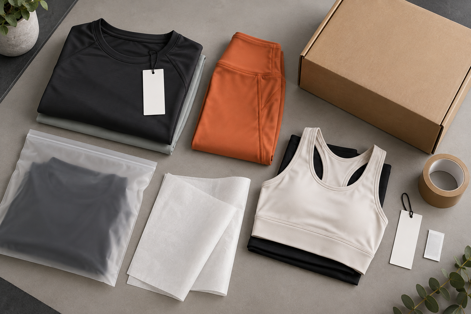Private label activewear packaging preparation with blank tags, bags and carton