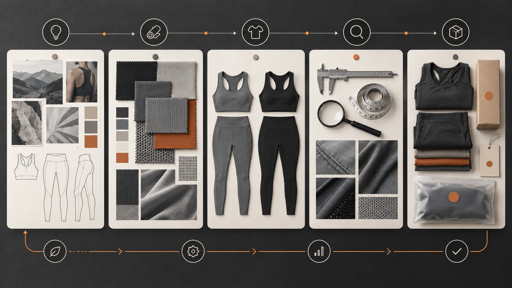 Illustrated activewear project evidence map from reference to packaging