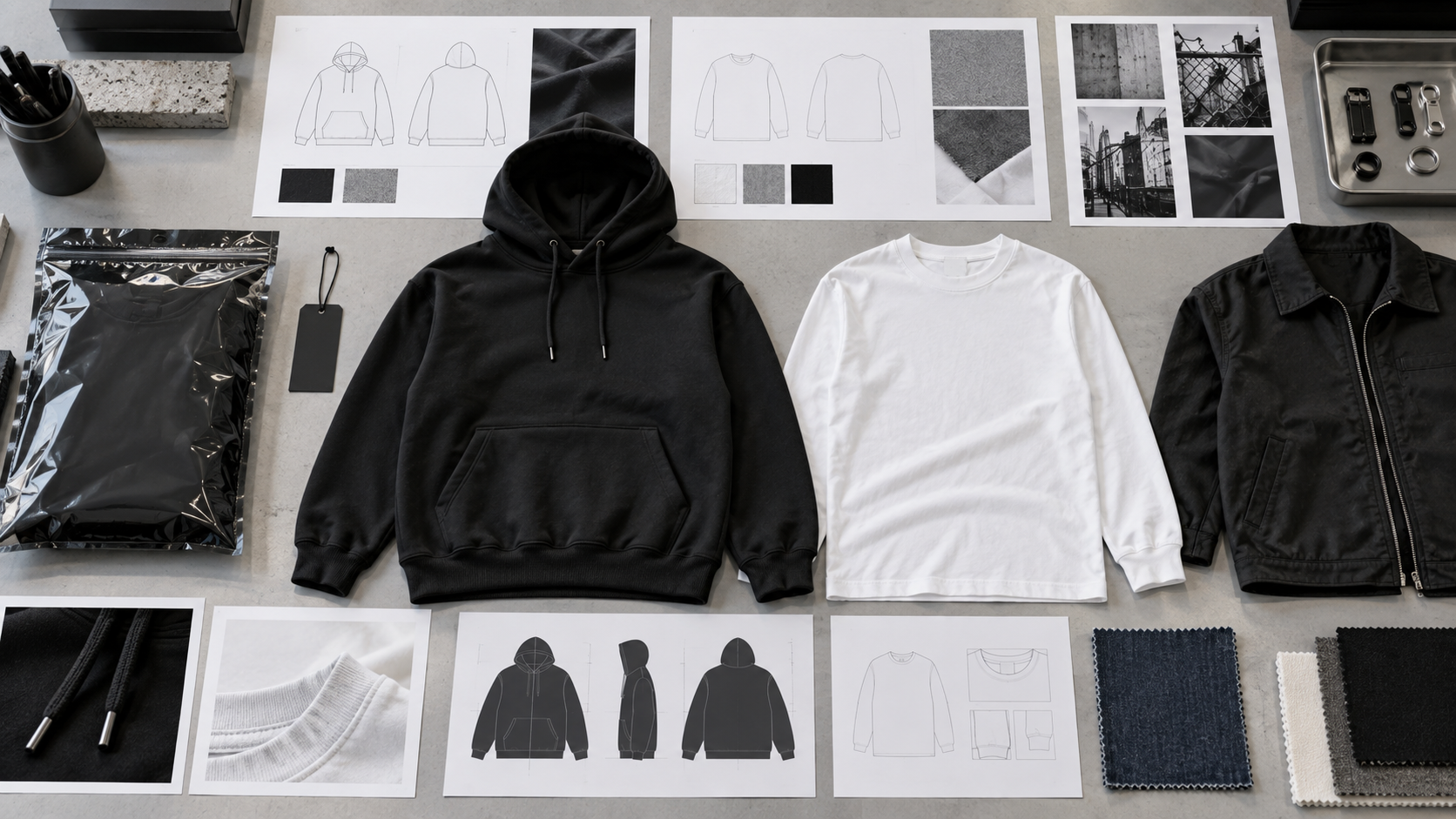 Graphic apparel capsule layout with hoodie, long sleeve tee, jacket and brand packaging planning